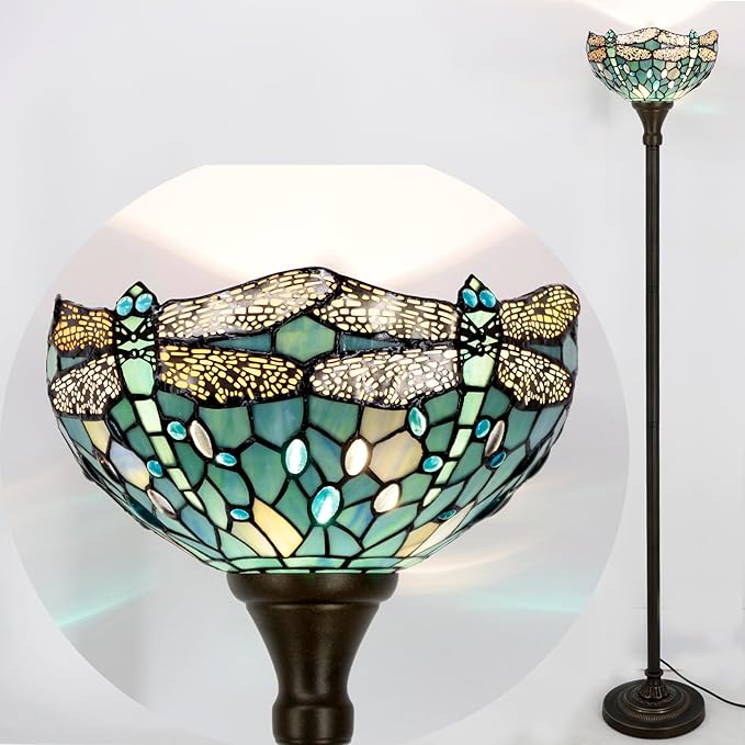 WERFACTORY Tiffany Floor Lamp Sea Blue Stained Glass Dragonfly Light 12X12X71 Inches Pole Torchiere Standing Corner Torch Uplight Decor Bedroom Living Room Home Office S147 Series