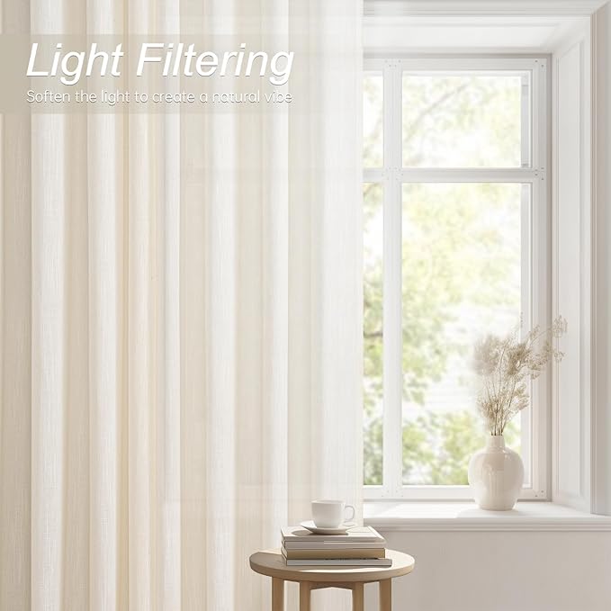 Topfinel 102 Inch Curtains 2 Panels Set Custom Length Farmhouse Light Filtering Semi Sheer Privacy Thick Decorative Curtain Drapes for Living Room Bedroom,Birch(Ivory/Off White) 52"x102"