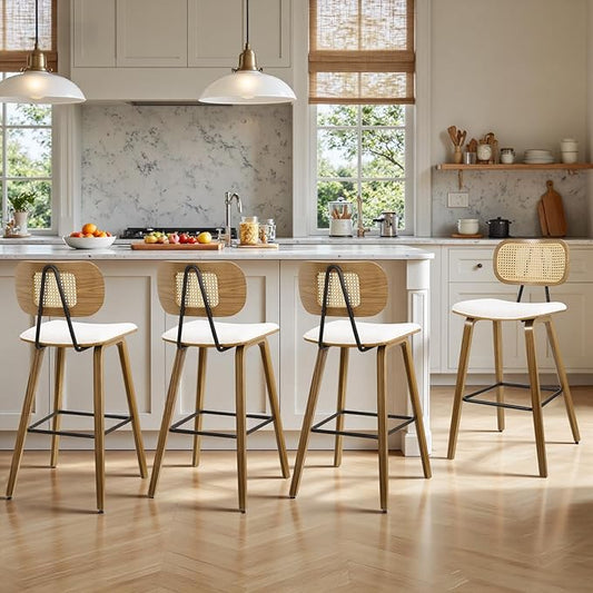 Counter Height Bar Stools Set of 4, Mid Century Modern Counter Stools, 26" Wood Kitchen Stool Boucle Fabric Upholstered Barstool with Rattan Back, Counter Height Island Dining Bar Chair, White