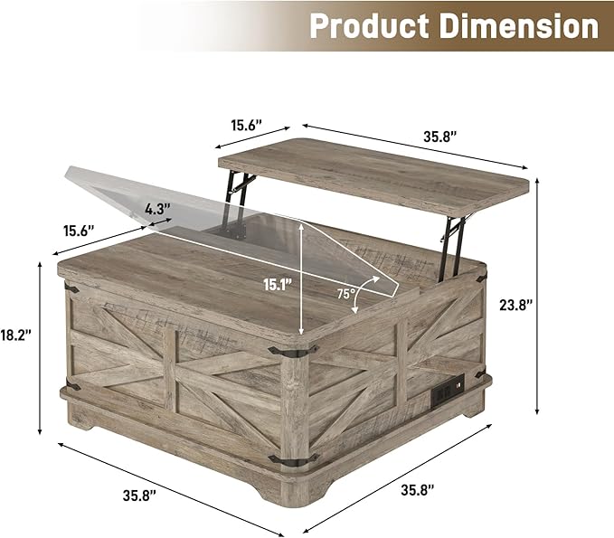 36" Farmhouse LED Lift Top Coffee Table with Storage and Power Outlets, Square Wood Living Room Tables with LED Lights & Large Hidden Space, Lift Wooden Barn Door Center Table, Grey