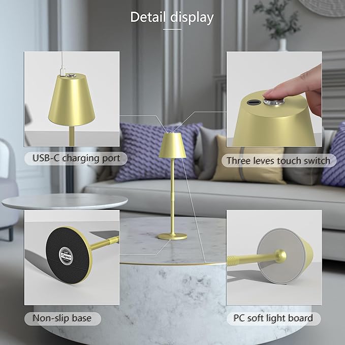 2Pack LED CordlessTable Lamp,4000mAh Rechargeable Battery Desk lamp,3 Level Brightness Night Light, Simple Design, for Couple Dinner/Coffee Table/Restaurant/Bedroom(Champagne Gold 2Pack)