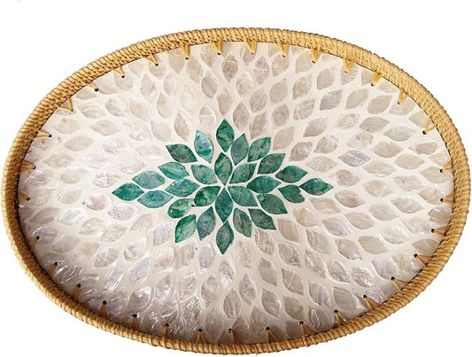 I-LAN 15 Inch Oval Rattan Woven Basket Tray with Beige Green MOP Wooden Base, Boho Wicker Coffee Table Serving Basket Décor with 1.2 Inch Wall, Handmade Display Basket for Countertop, L