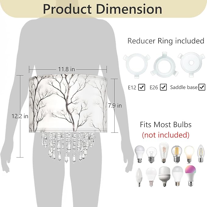 Star Vision Tree Branch Drum Fabric Lampshade with Crystal Bead Droplets, Minimalist Botanical Shade for Pendant Table Wall & Floor Lamps, Nature Home Decor