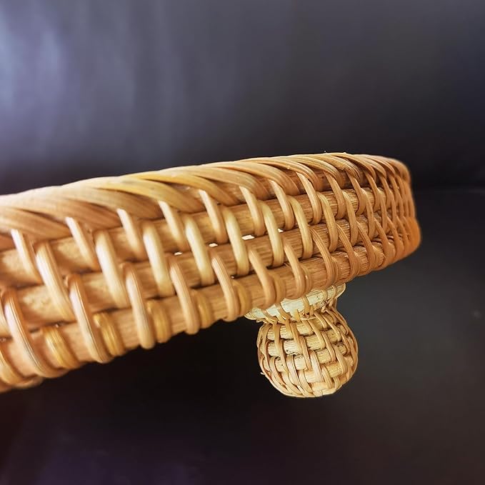 i-lan 12.5 Inch Round Rattan Serving Basket-Round Woven Bread, Fruit, Keys Bowl Pedestal Stand with 1”Side, Flat Wicker Decorative Snack Basket Trays for Candy Dish, Rustic Platter, Display Riser