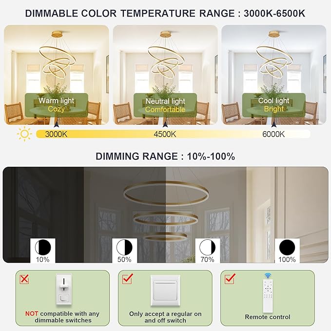 D31.5 Modern LED Chandelier Gold Dimmable 3 Ring Pendant Light for Dining Room, Kitchen Chandelier Circular with Remote Control Flush Mount High Ceiling Light for Living Room, 3000K-6500K