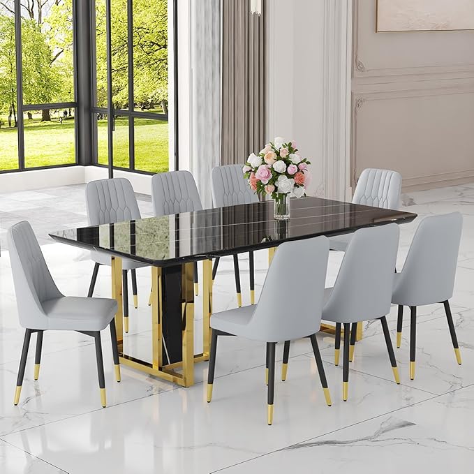 TesNus 79" Black Dining Table Set for 8 with Chairs,Large Faux Marble Kitchen Table and Chairs Set Rectangular 9 Piece Dining Room Set with Gold Metal Legs,Easy Assemble,Stable Base