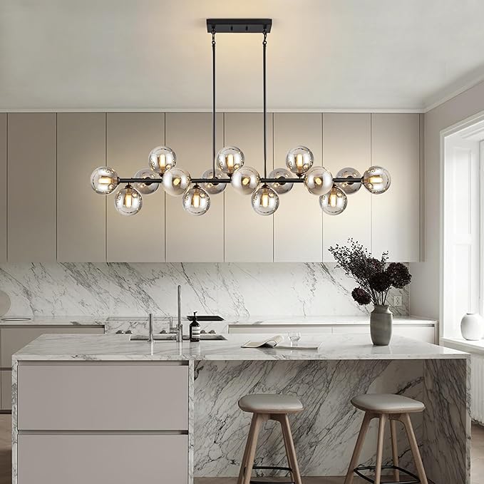 Chandelier,16-Light Large Pendant Lights Kitchen Island Linear Sputnik Chandelier Modern Chandeliers for Dining Room Bubble Gray Globe Island Lights for Kitchen Farmhouse Chandelier 55in