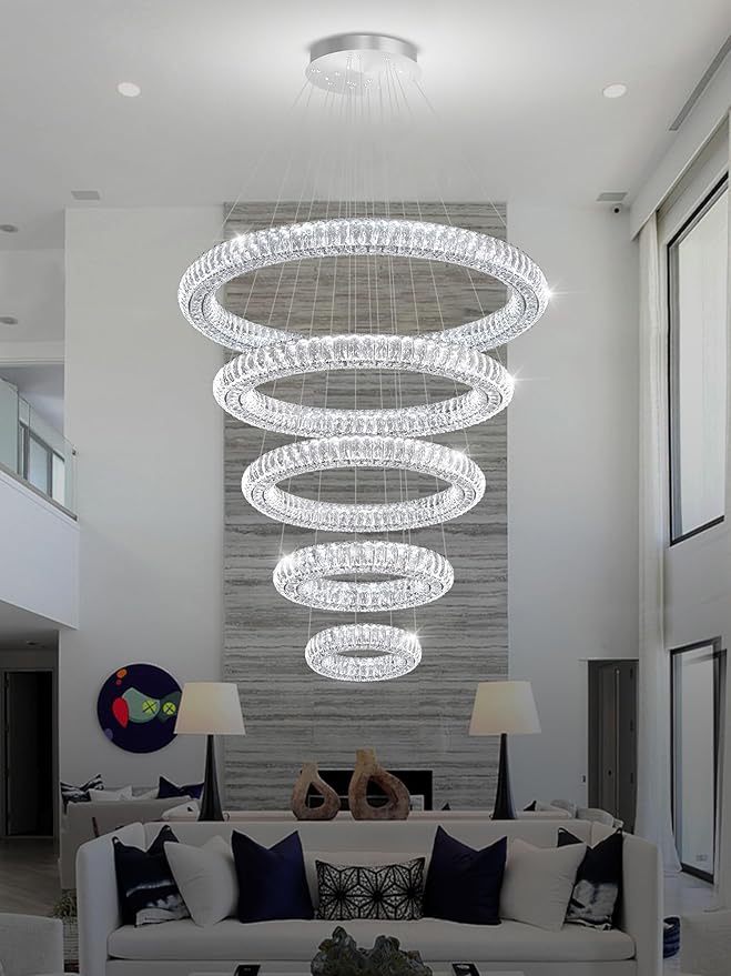 Extra Large LED 5-Ring Crystal Chandeliers for High Ceiling Modern Glam Crystal Ring Chandeliers Living Room Foyer Staircase D8+15.7"+23.6"+31.5"+39.4"
