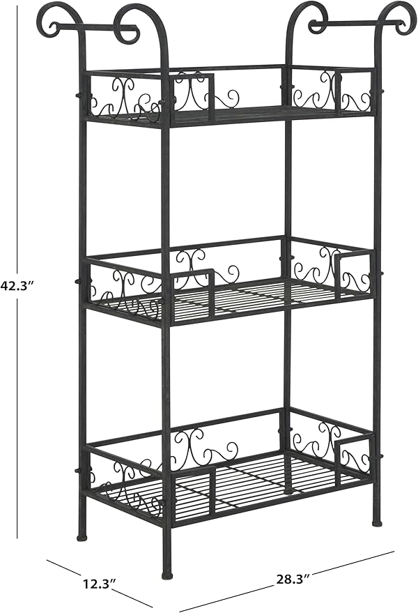 SAFAVIEH Outdoor Collection Noreen Victorian Scroll Antique Black Iron 3-Tier Shelf