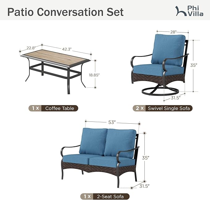 PHI VILLA Outdoor Porch Furniture Set, Upgraded Wicker&Metal Deep Seating Patio Furniture Conversation Set with Waterproof Thick Cushions for Balcony, Deck, and Yard (4 Pieces,Navy)