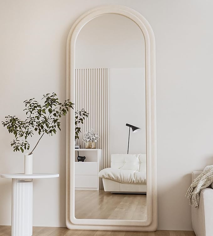 Floor Mirror, Full Length Mirror with Stand, 63"x24" Freestanding Arched Mirror Full Length Hanging or Leaning, Wall Mounted Mirrors with Flannel Frame, Large Mirrors for Bedroom (White)