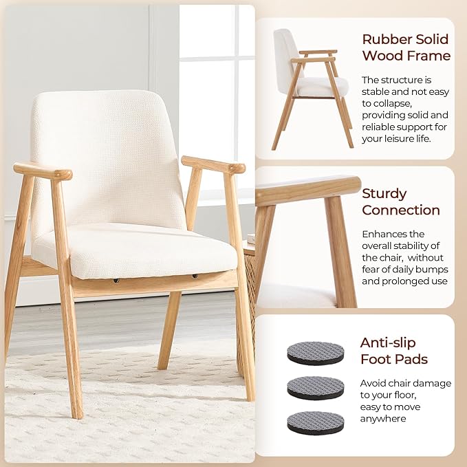 Mid Century Modern Living Room Accent Chair Comfy Reading Armchair with Solid Wood Legs, Soft Seat, Line Fabric for Bedroom, Office, Vanity (Chenille White)