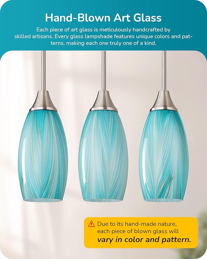 EDISHINE Pendant Lights Kitchen Island, Blue Handcrafted Art Glass Hanging Light, Blown Glass Pendant Light Fixtures Teal with Gold, Adjustable Brushed Nickel Rods, Hardwired Over Island Bar E26