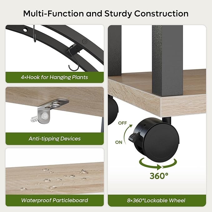 Bestier Plant Stand Indoor with Grow Lights, 6 Tiered Metal Plant Shelf with Wheels for Plants Multiple, Half-Moon Shape Plant Rack Display Shelf, Large Plant Holder for Home, Patio, Balcony (2 Pcs, Oak)