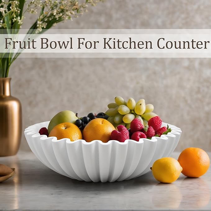 Ruffle Decorative Bowl, Large Fruit Bowl for Kitchen Counter, Stylish Key Bowl for Entry Table, Handcrafted Home Decor Display bowl, White