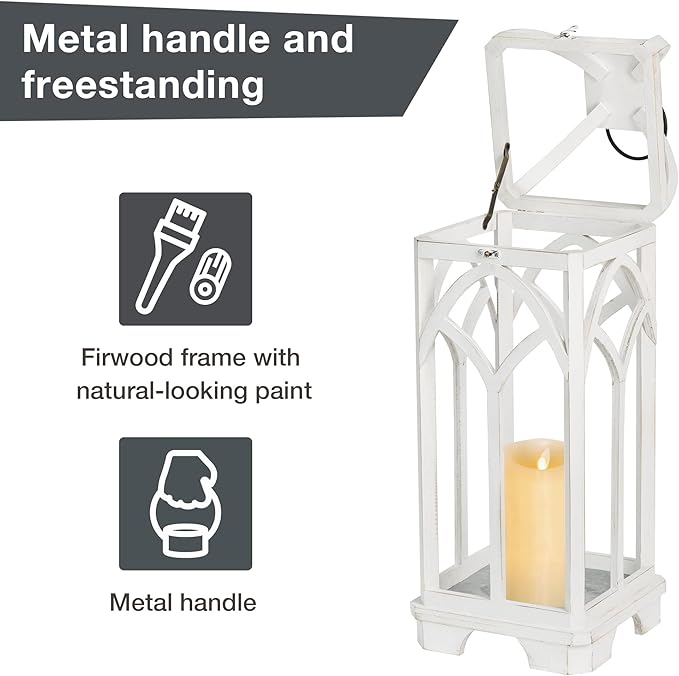 Glitzhome Farmhouse Decorative Lanterns Wooden Candle Lantern Church Window Frame Lanterns for Wedding Mantle Entryway Home Patio Balcony Garden, Pack of 2, Wash White, No Glass