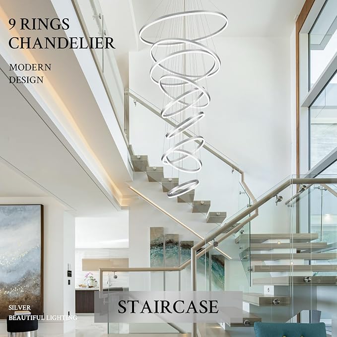 9-Rings D39.4’’ Modern LED Chandelier Silver Dimmable High Ceiling Foyer Chandeliers Entryway with Remote Control for Staircase Entryway Living Room Foyer, 3000K-6500K