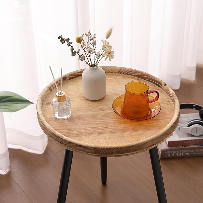 Tiita Round End Table Mental Side Table Nightstand/Small Wood Tables Accent Coffee Table with Wooden Tray for Living Room Bedroom Office Small Space