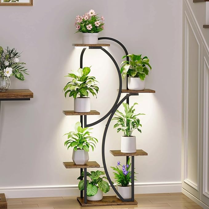 Plant Stand Indoor With Grow Lights - 47" Indoor Plant Shelf, 6-Tiered Corner Plant Stand For Multiple Plants, Lighted Arch-Shaped Flower Display Rack For Living Room, Patio, Hallway