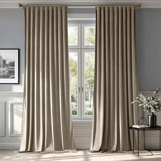 MIULEE Taupe Velvet Curtains 90 inches 2 Panels - Luxury Room Darkening Window Drapes for Bedroom Living Room Thermal Insulated Super Soft Blackout, Back Tab Rod Pocket Pinch Pleated, W52 x L90