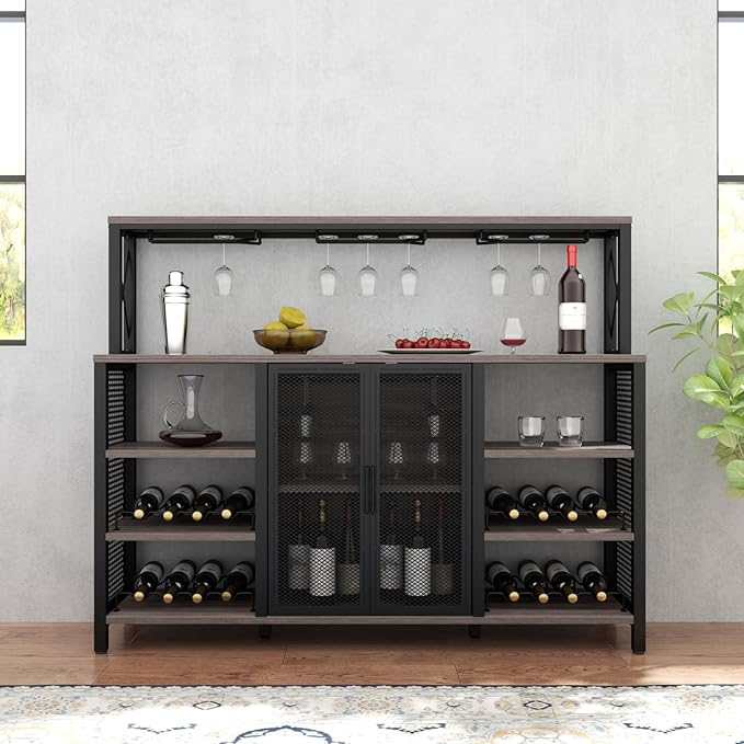 Bar Cabinet, 55 Inches Industry Coffee Bar Cabinet with Wine Rack and Glass Holder, Kitchen Sideboard Buffet Cabinet with Wine Rack Storage for Liquor and Glasses (Rustic Grey)