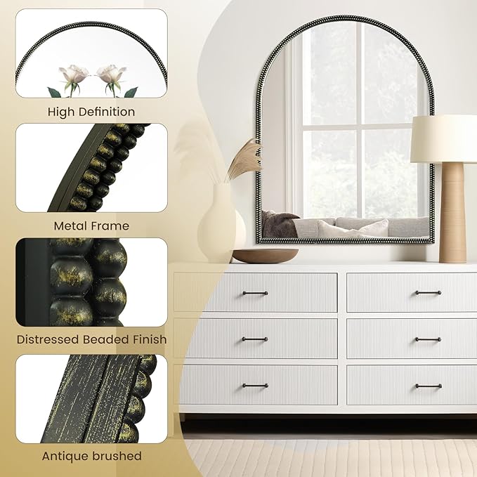 WallBeyond Black Vintage Mirror for Vanity 28x36 Inch, Gold Antique Mirror with Ornate Beaded Frame for Bathroom, Living Room, Fireplace, Entryway