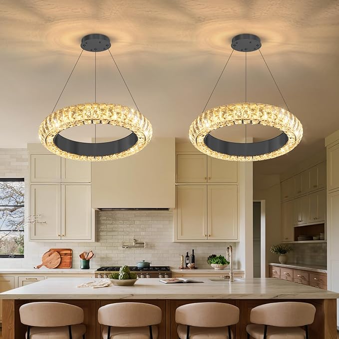 16" Ring Modern LED Dimmable Crystal Chandelier Adjustable Height Pendant Light Round Crystal Chandelier Light Fixtures for Dining Room Living Room Kitchen Island Black