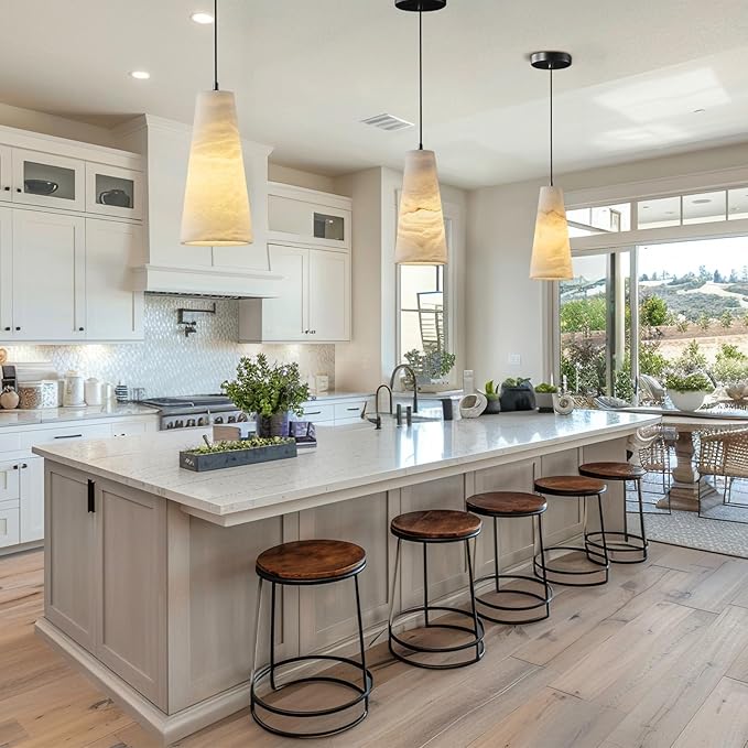 Natural Alabaster Pendant Lights Kitchen Island, H-10in White Pendant Light Fixtures, Light Pendant Marble Conical Shade Black, for Bedroom Bathroom Dining Room Living Room (Dimmable Bulbs INCL)