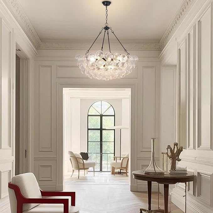 Modern Glass Bubble Globe Chandelier Lighting Luxury Hanging Black Pendant Light for Dining Room, Living Room, Entryway, Staircase, Dia 31.5 Inch