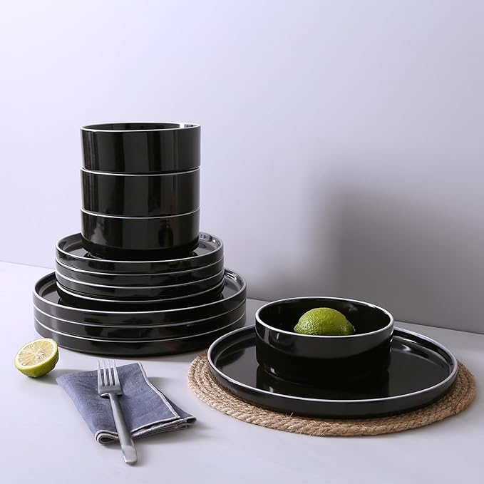 Famiware Nebula Plates and Bowls Set, 24 Pieces Dinnerware Sets, Dishes Set for 8, Black with White Rim