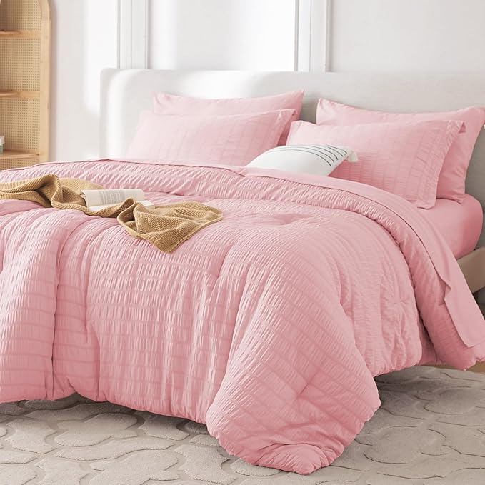 MUXHOMO 7 Pieces King Comforter Set, Seersucker Bed in a Bag King Size, All Season Luxury Bedding Set with Comforter, Flat Sheet, Fitted Sheet, Pillowcases & Shams, Pink