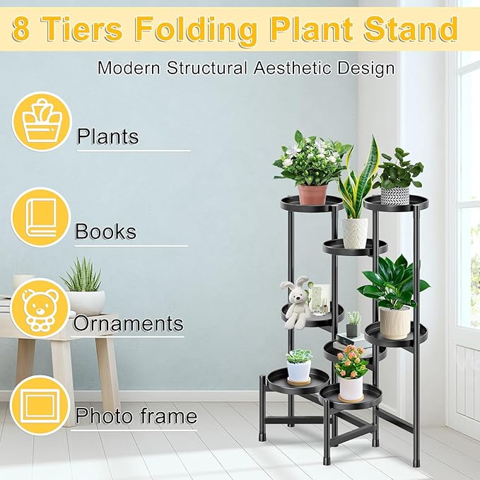 8 Tier Metal Plant Stands, Heavy Duty Flower Pot Stands for Multiple Plant, Anti-Rust Iron Plant Pot Shelf, Decoration Racks for Home Indoor and Outdoor (Black)