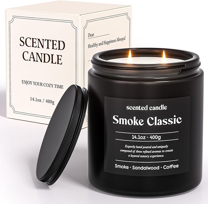 Candles for Men, 14.1 oz Scented Candles for Home, 2 Wicks Blended Scents Birthday Candles Gifts for Dad, Teacher, Boyfriend (Smoke+Sandalwood+Coffee)