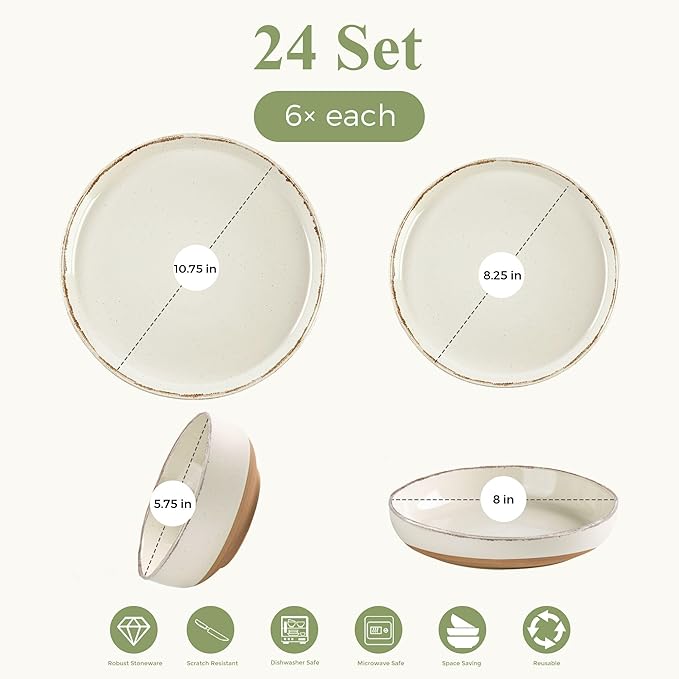 AmorArc 24 Pieces Ceramic Dinnerware Sets for 6, Handpainted Plates and Bowls Set with Rustic Terracotta Underside, Scratch Resistant Stoneware Dishes Set, Dishwasher & Microwave Safe, Light Beige
