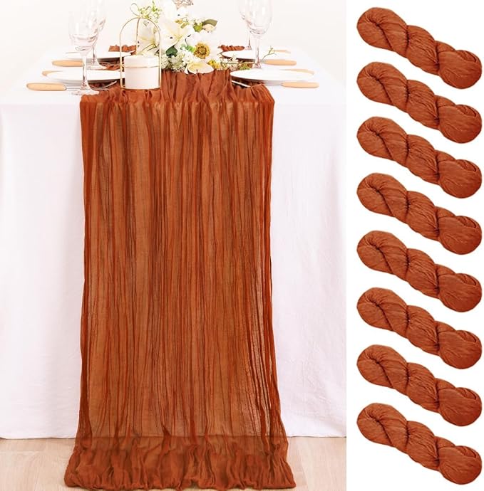MLMC 8 Pack Terracotta Cheesecloth Table Runner 10ft Rustic Burnt Orange Cheese Cloth Fall Table Runner 35 x 120 inches for Wedding Bridal Shower Birthday Pinic Party Thanksgiving Decor