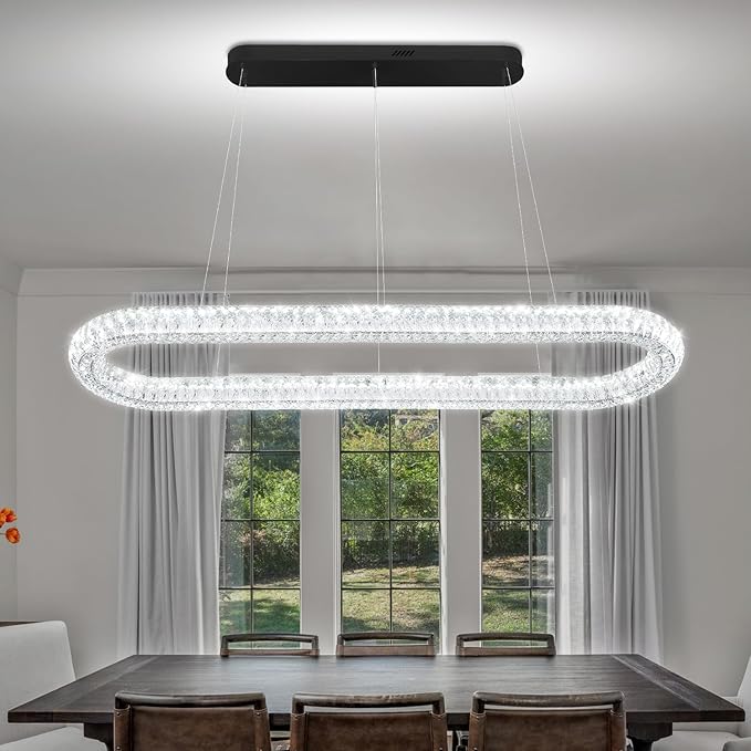 Oval Crystal Chandelier, 55'' Black Crystal Ring Pendant Light for Kitchen Island Modern Linear Oval Chandeliers for Dining Room Dimmable 3000K-6000K