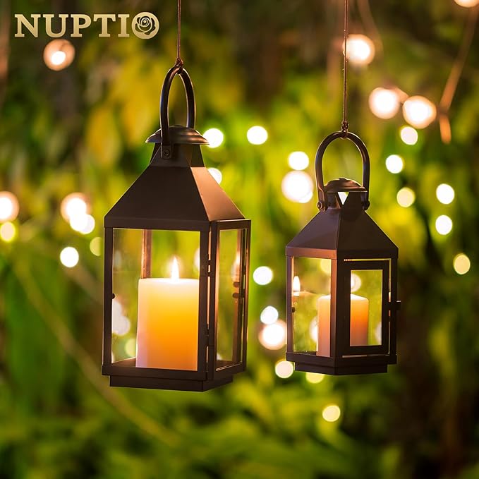 Nuptio Garden Lanterns for Pillar Candles Tall Vintage Style Metal Candle Holder Halloween Hanging Decorative Lantern for Wedding Christmas Parties Indoor Outdoor 8.7in