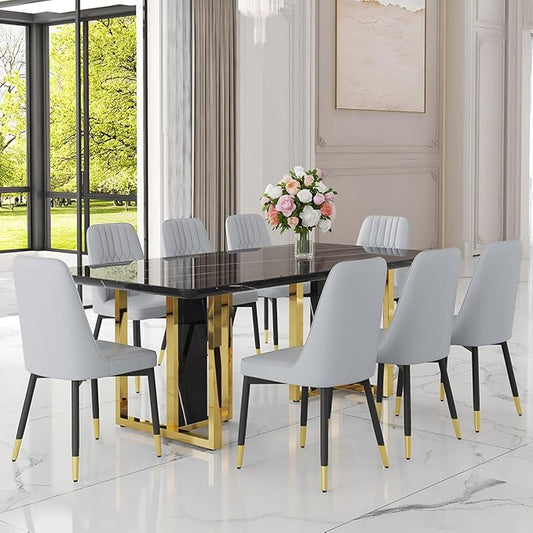 TesNus 79" Black Dining Table Set for 10 with Chairs,Large Faux Marble Kitchen Table and Chairs Set Rectangular 11 Piece Dining Room Set with Gold Metal Legs,Modern Design,Easy Assemble,Stable Base