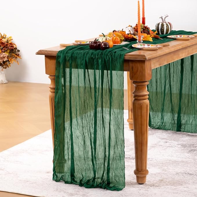 Emerald Green Cheesecloth Table Runner 10 Pack Fall Table Runners Boho Gauze 120 Inches Green Cheese Cloth Fall Table Decorations for Thanksgiving Wedding Bridal Baby Shower Tea Party