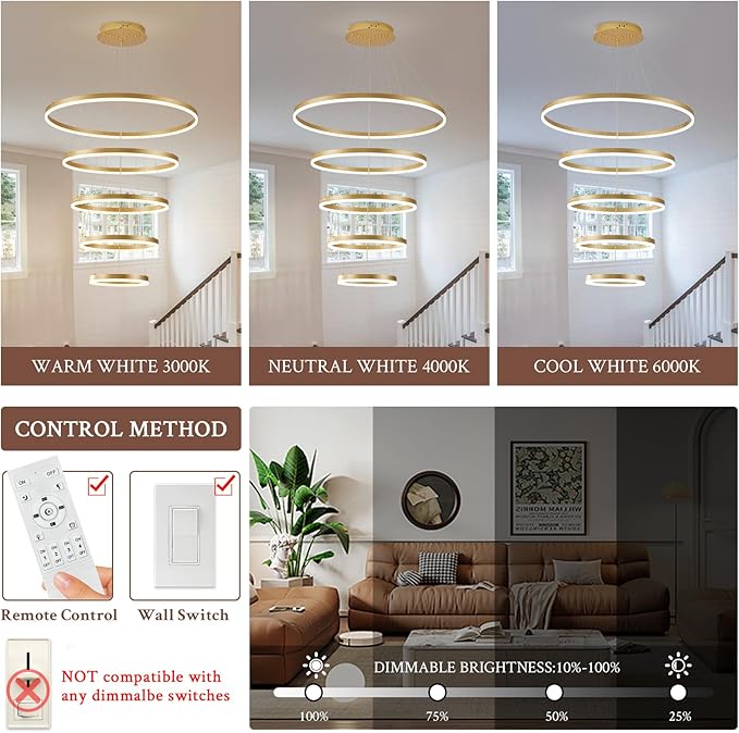5-Rings D31.5’’ Modern LED Chandelier Gold Dimmable High Ceiling Chandeliers Foyer with Remote Control for Entryway Living Room Dining Room Staircase, 3000K-6500K