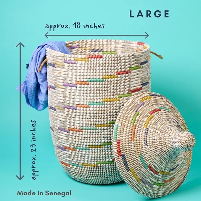 Basket for Decor, Organizing, Storage - Living Room Blankets, Nursery Toys, Laundry, Towels, Pillows, Comforter, Cushion - Wicker, Woven, Round, Lid and Handles, Colors on White (3pcs Set)