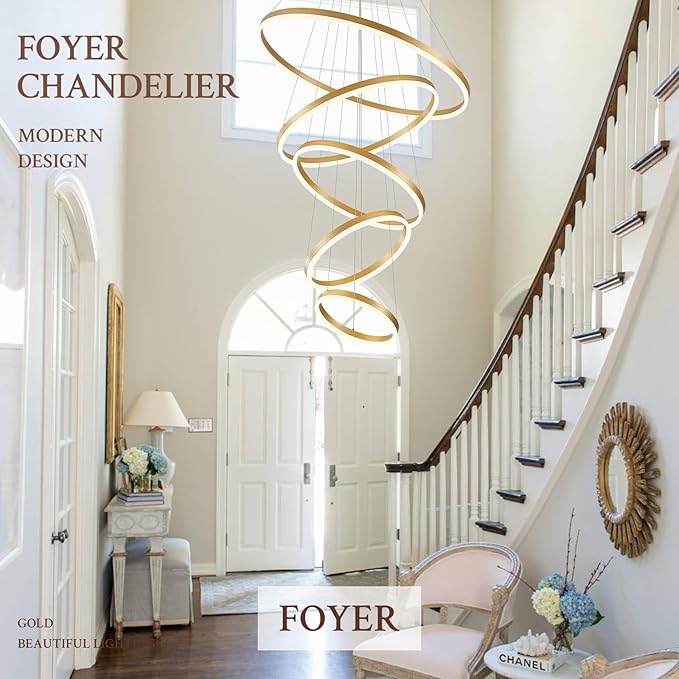 5-Rings D31.5’’ Modern LED Chandelier Gold Dimmable High Ceiling Chandeliers Foyer with Remote Control for Entryway Living Room Dining Room Staircase, 3000K-6500K