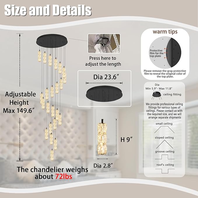 Modern Crystal Chandelier 24-Lights Black Chandelier Lighting Fixture High Ceiling Chandelier Suitable for Living Room Staircase Villa