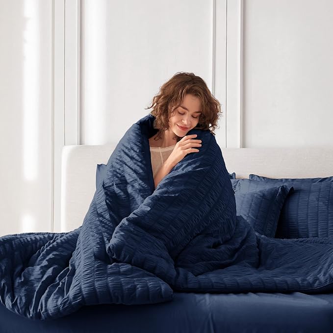 MUXHOMO 7 Pieces California King Comforter Set, Seersucker Bed in a Bag Cal King Size, All Season Luxury Bedding Set with Comforter, Flat Sheet, Fitted Sheet, Pillowcases & Shams, Navy Blue