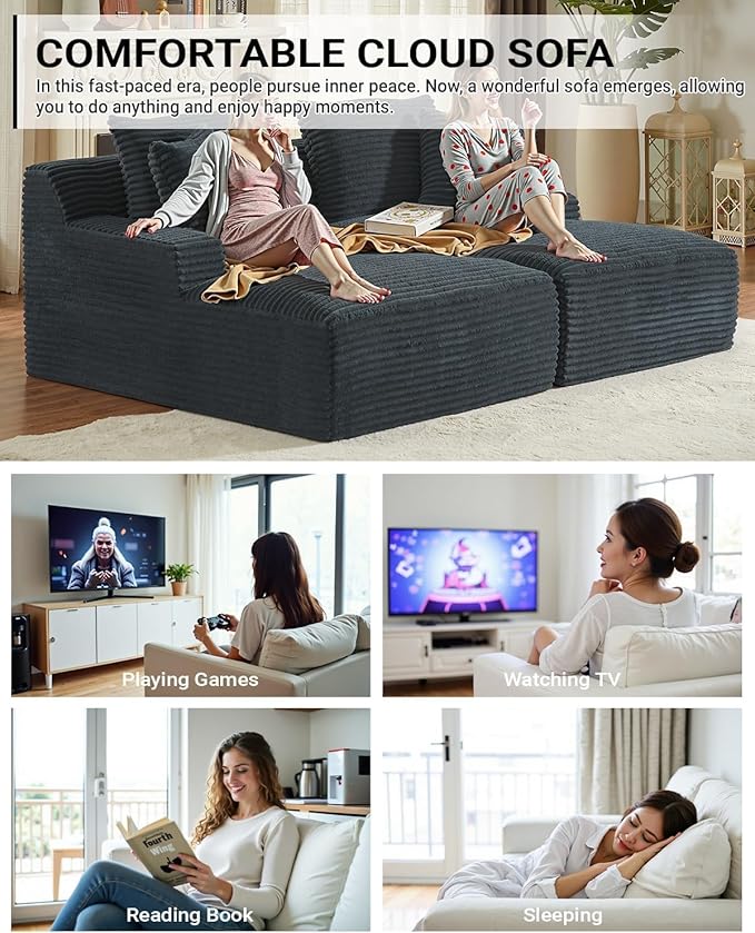 Oversized Double Chaise Lounge, Corduroy Boneless Couch, Modern Oversized Chaise Lounge, Upholstered Sleeper Sectional Sofa Daybed with Throw Pillows and Armrest for Living Room, Dark Grey
