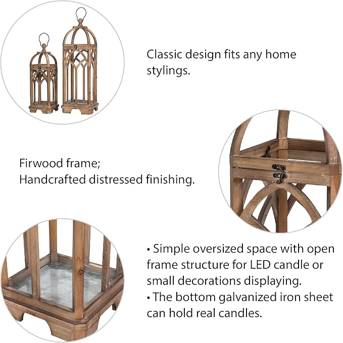 Glitzhome Farmhouse Decorative Lanterns Wooden Candle Lantern Church Window Frame Lanterns for Wedding Mantle Entryway Home Patio Balcony Garden, Pack of 2, Natural, No Glass