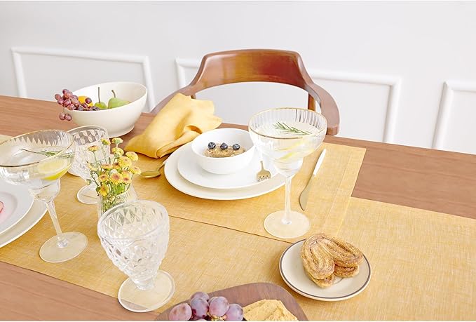 Solino Home Linen Small Table Runner 36 Inches - Athena, 100% Pure Linen Chambray Mustard Yellow Table Runner 14 x 36 Inch Ideal for Dresser and Coffee Tables