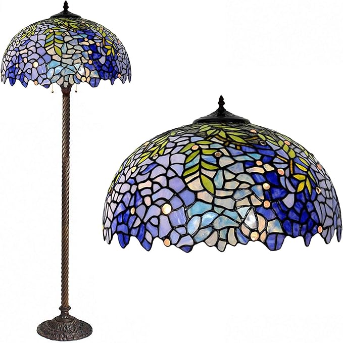 Floor Lamp, Tiffany Style Stained Glass Purple Wisteria Hanging Lamp with Handmade Lampshade, Suitable for Decorating Room (Purple, 16in)
