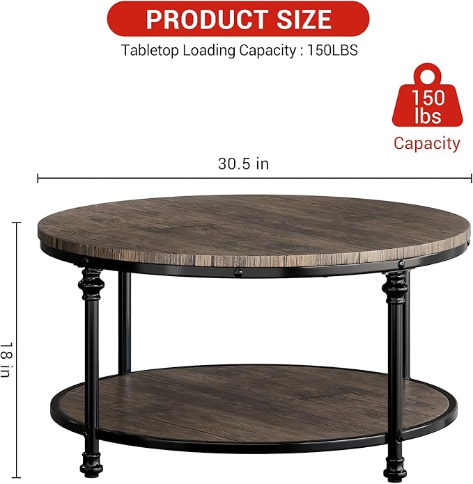 Garvee Round Coffee Table, 2 Tier Center Table with Storage for Living Room, 30.5 x 18 Inches, Wood Center Table for Living Room, Apartment, Easy to Assemble