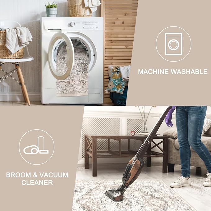 LIVEBOX 5x7 Area Rugs for Living Room, Washable Nursery Beige Neutral Boho Rug, Soft Non-Slip, Low-Pile Vintage Medallion, Retro Faux Wool for Dining Room, Bedroom, Office